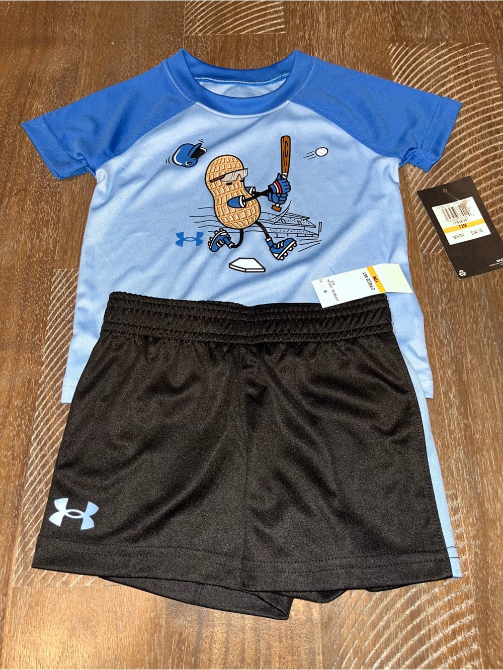 $34 Under Armour Toddler Boy’s 12M 12 Month Shirt Shorts Peanut Baseball Outfit